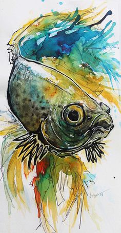 a painting of a fish with watercolors on it