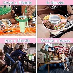 four different pictures with people eating and drinking