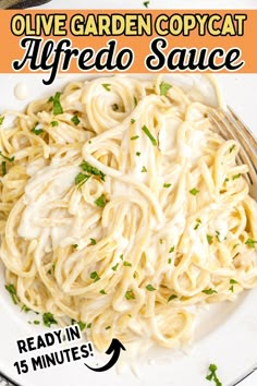 an image of a plate of alfredo sauce with text overlay that reads olive garden copycat alfredo sauce