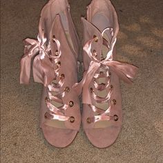 Brand New Never Used Pink Lace-up Heels For Spring, Pink High Heels With Bow, Feminine Pink Lace-up Heels, Pink 4-inch Heel Lace-up Heels, Pink Lace-up Heels With 4-inch Heel, Pink Lace-up Heels For Party, Just Fab Shoes, Gladiator Sandals, Lace Up Boots