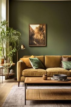 a living room filled with furniture and a painting on the wall above it's coffee table