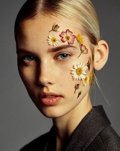 Flower Child Makeup, Editorial Make-up, Makeup Stickers, Woman With Flowers, Brunette Bob, Flower Makeup, Beauty Shoot, Types Of Photography, Editorial Makeup