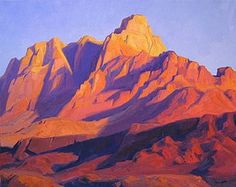 a painting of a mountain range in the desert with orange and purple hues on it