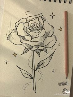 a drawing of a rose on paper with a pencil in front of it and an eraser next to it