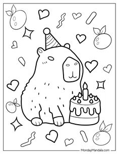 a cartoon bear with a birthday cake in his hand and hearts around him, coloring page