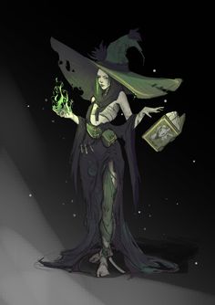 a woman dressed as a witch holding a book