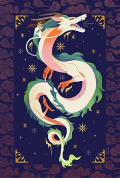 a dragon is flying through the air with stars in its mouth and wings spread out