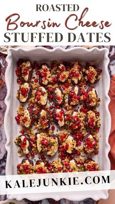 Roasted Boursin cheese stuffed dates is an easy and chic holiday appetizer. Sweet pitted dates are sliced open, stuffed with creamy Boursin cheese, and topped with a brown butter breadcrumb topping, for the perfect sweet and salty combination that will have everyone coming back for more. This is a dish that looks fancy, but is super simple to make.