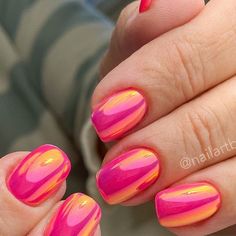 Pink With Orange Nails, Bright Color Chrome Nails, Hot Pink Crome Nail, Summer Pedicures 2024, Pink And Yellow Chrome Nails, Bright Chrome Summer Nails, Pink And Gold Chrome Nails, Pink Orange Chrome Nails