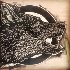 a drawing of a wolf with its mouth open