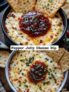 two pictures showing different types of dips and crackers with text overlay that reads, pepper jelly cheese dip