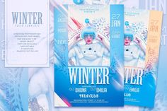 the winter party flyer is displayed on a blue and white background