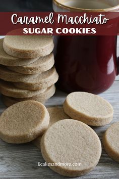 some cookies are stacked on top of each other and next to a cup of coffee