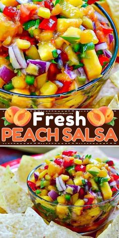 fresh peach salsa in a glass bowl with tortilla chips on the side and text overlay