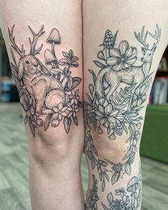 two tattoos on both legs with flowers and deer