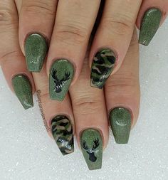 Acrylic nails Camo Nail Ideas, Camoflauge Nail Designs, Hunting Nail Art, Camo Nail Designs Camouflage, Deer Nails Hunting, Hunting Nails Deer, Country Gel Nails, Deer Nail Designs Hunting Season, Deer Nails Designs