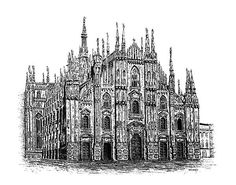 an ink drawing of a cathedral with spires and windows on the front, in black and white