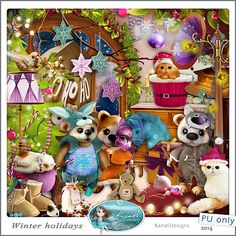 a group of animals that are standing in front of a christmas scene with presents and decorations