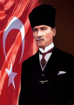 a painting of a man with a mustache in front of a turkey and turkish flag