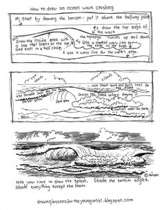 three different types of ocean waves and the words how to draw an ocean using crayons