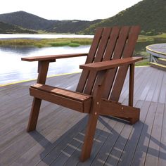 a wooden chair sitting on top of a wooden deck next to a body of water