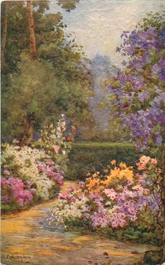 an oil painting of flowers in a garden