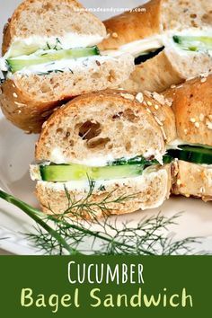 cucumber bagel sandwich on a plate with dill