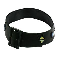 Deep olive calf belt from the late 1980's with leather self covered buckle and aurora Swarovski triangular crystals applied. Belt is cut on the round so it molds to waist and upper hip slightly. Adjustable from 26.5" to 29" in length, 2.75" wide curve contoured. France 1980s. Excellent condition. Luxury Vintage Belts With Brass Hardware, Luxury Rivets Belts For Women, Vintage Adjustable Metal Belt, Vintage Adjustable Turquoise Belt, Jeweled Belts, Vintage Silver Hand-tooled Belt, Aurora, Fashion Accessories, Buckle