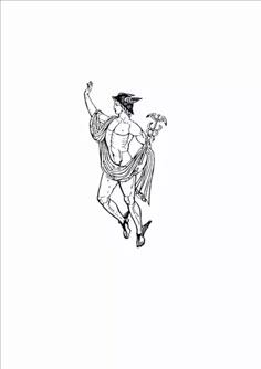 a black and white drawing of a man in the air with his arms outstretched, holding a