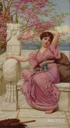 a painting of a woman in a pink dress sitting on a stone bench next to a tree