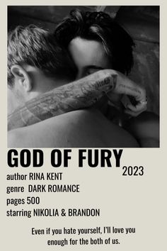 a poster with the words god of fury on it and an image of two people hugging each other