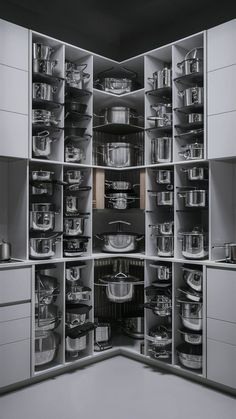 an open cabinet filled with lots of pots and pans next to eachother