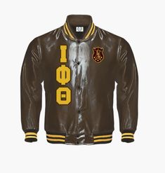 a brown leather jacket with yellow letters on it