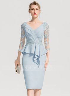 [AU$216.00] Sheath/Column V-neck Knee-Length Stretch Crepe Cocktail Dress With Appliques Lace Cascading Ruffles Afrikaanse Mode, Satin Cocktail Dress, Blue Party Dress, Lace Dress With Sleeves, Applique Dress, Cocktail Dress Lace, Trendy Dresses, Lace Sleeves, Mother Of The Bride Dresses