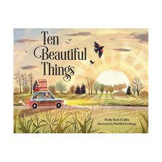 an illustrated book cover for ten beautiful things with a car and birds flying in the sky