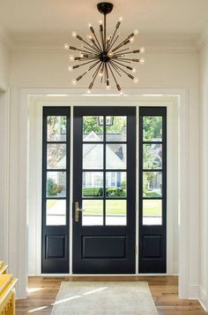 an image of a black door with lights above it