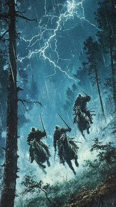 three men are running through the woods in the rain with their backs to each other