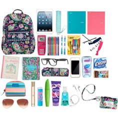 the contents of a colorful backpack are laid out