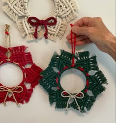 Macrame Christmas wreath ornament Christmas Wreaths Macrame, Patterns For Macrame Christmas Wreaths, Macrame Christmas Wreath, Christmas Wreath Ornaments, Homemade Christmas Ornament, Christmas Macrame Ideas Wreaths & Garlands, Macrame Christmas Tree Ornaments Tutoral, Macrame Wreath