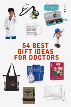 A selection of doctor-themed gifts, including a fitted doctor’s coat, Littman stethoscopes, stethoscope travel case, funny doctor mug, eyeglass holder doctor statue, personalized doctor tote bag, STD plush gift box, personalized Yeti tumbler, personalized doctor notepad, luxury sleeping pillow. Best Gifts For Doctors, Doctor Appreciation Gifts, Gifts For Surgeons, Doctor Graduation Gift, Small Thank You Gift, Midwife Gift, Funny Keychain, Medical Student Gift, Doctor Humor