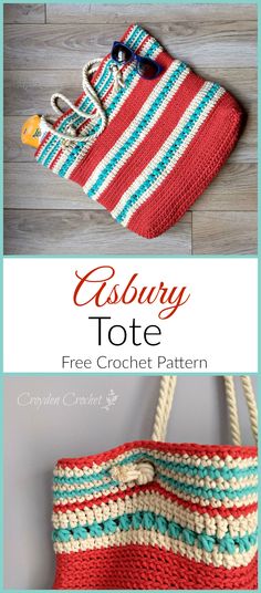 a crocheted bag with the words asbury tote on it and an image of