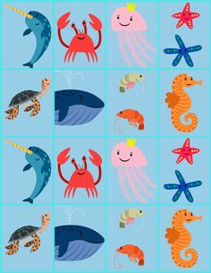 an image of different sea animals on a blue background