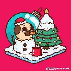 a cartoon dog wearing a santa hat next to a christmas tree with a snowman on it