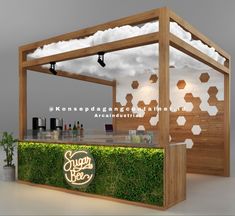 an ice cream shop with green plants on the counter and white clouds in the background