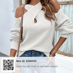 Chic Sweater, Cozy Evening, Cross Neck, Cold Shoulder Long Sleeve, Cold Shoulder Sweater, Women's Wear, Ribbed Knit Sweater, Shoulder Design, Belleza Natural