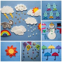 there are many different pictures of kites and clouds in the sky, including one with a snowman