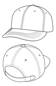 the front and back view of a baseball cap, which is shown in black ink