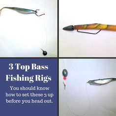 four different types of fishing rigs with text that reads, 3 top bass fishing rigs you should know how to set these 3 up before you head out