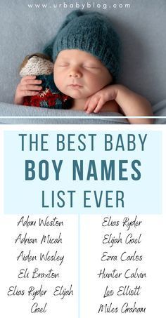 the baby boy names list is shown in blue and white with an image of a sleeping baby