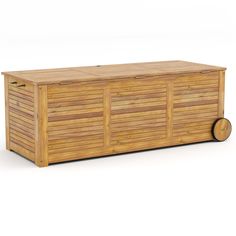 a wooden storage box with wheels on the front and side, sitting against a white background